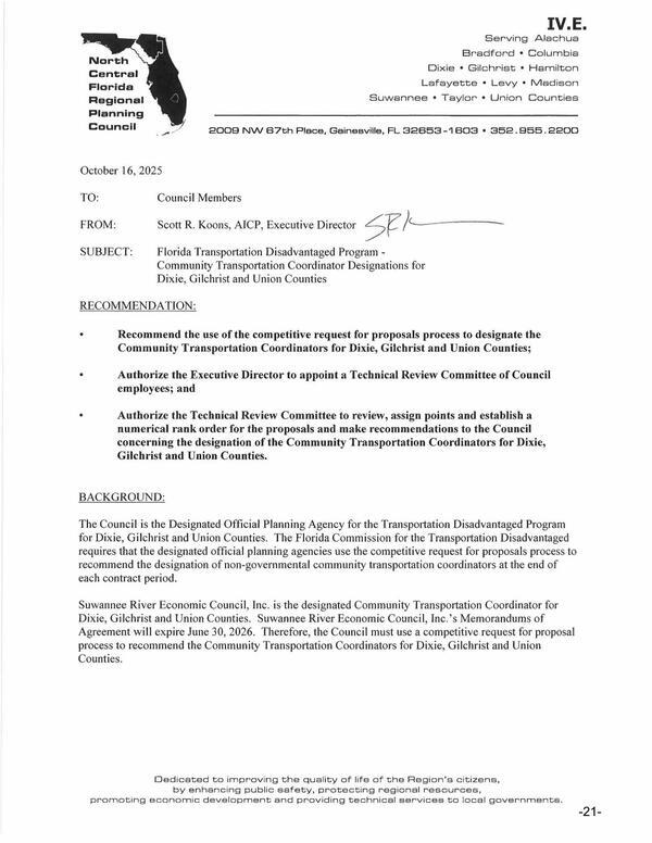 [Community Transportation Coordinator Selection for Dixie, Gilchrist and Union Counties]