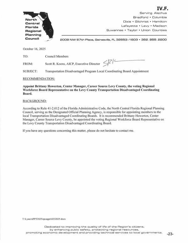 [Transportation Disadvantaged Program Local Coordinating Board Appointment]
