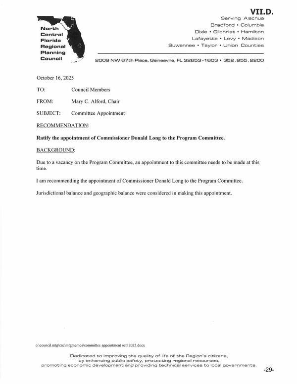 [Ratify the appointment of Commissioner Donald Long to the Program Committee.]