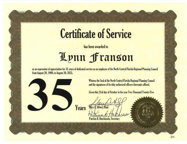 [Certificate of Service to Lynn Franson, 35 years]