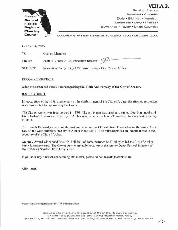 [Adopt the attached resolution recognizing the 175th Anniversary of the City of Archer.]
