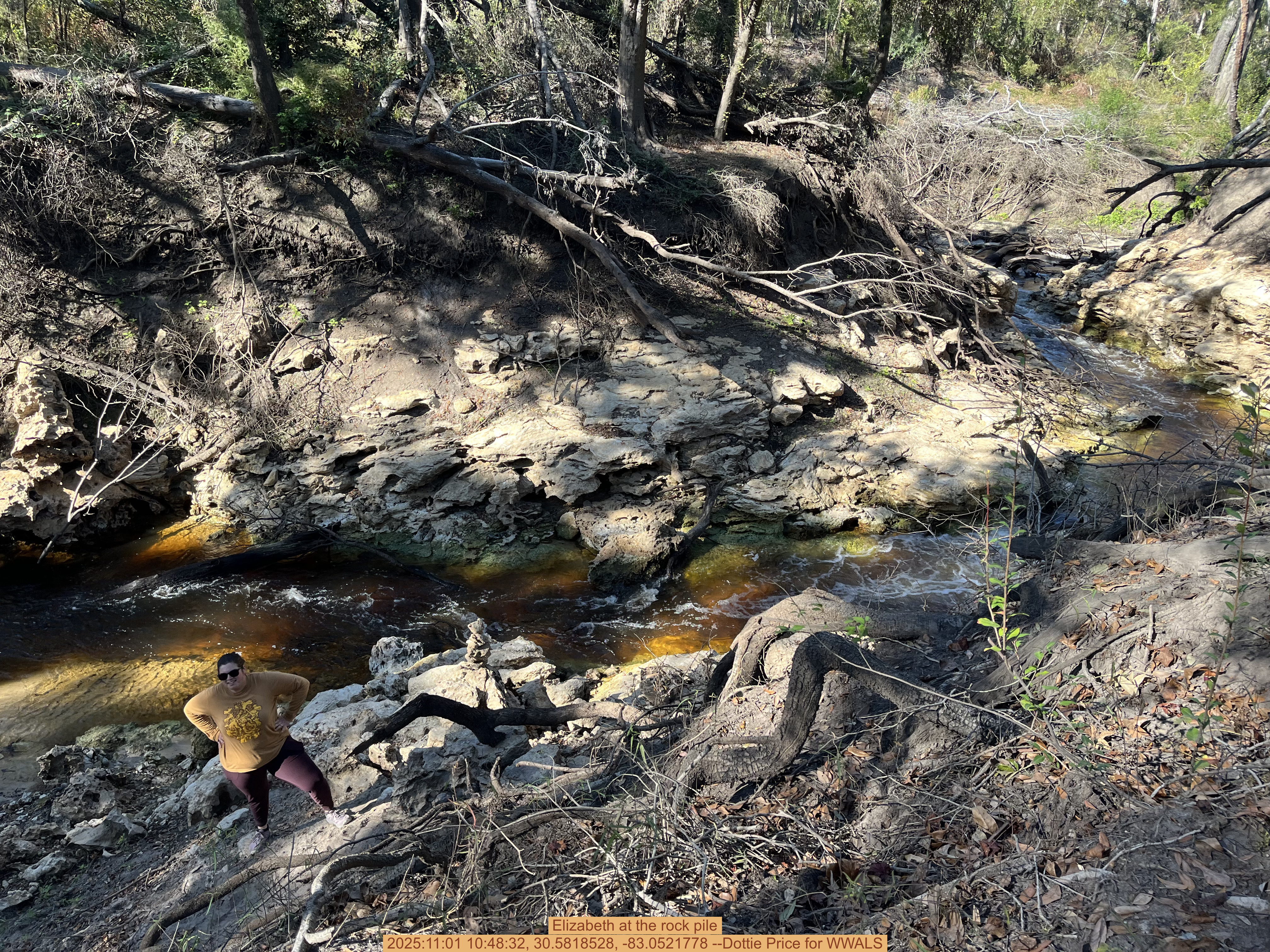 Elizabeth at the rock pile, 2025:11:01 10:48:32, 30.5818528, -83.0521778 --Dottie Price for WWALS