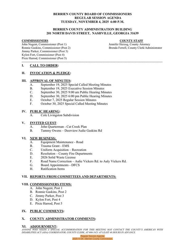 [Regular Session Agenda, 2025-11-04 --Berrien County Commission]