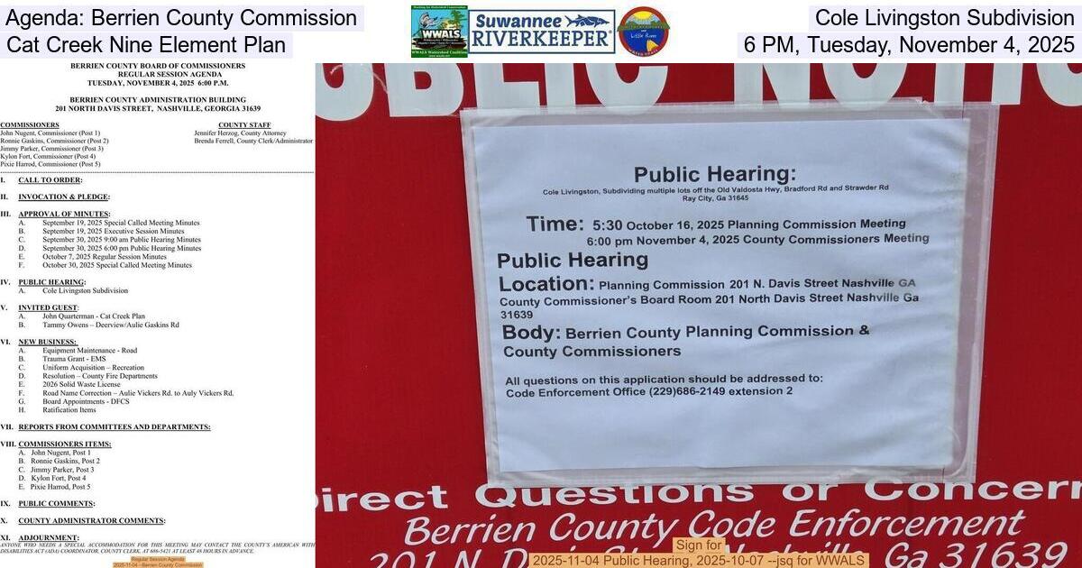 Agenda: Berrien County Commission, Cole Livingston Subdivision, Cat Creek Nine Element Plan, 6 PM, Tuesday, November 4, 2025
