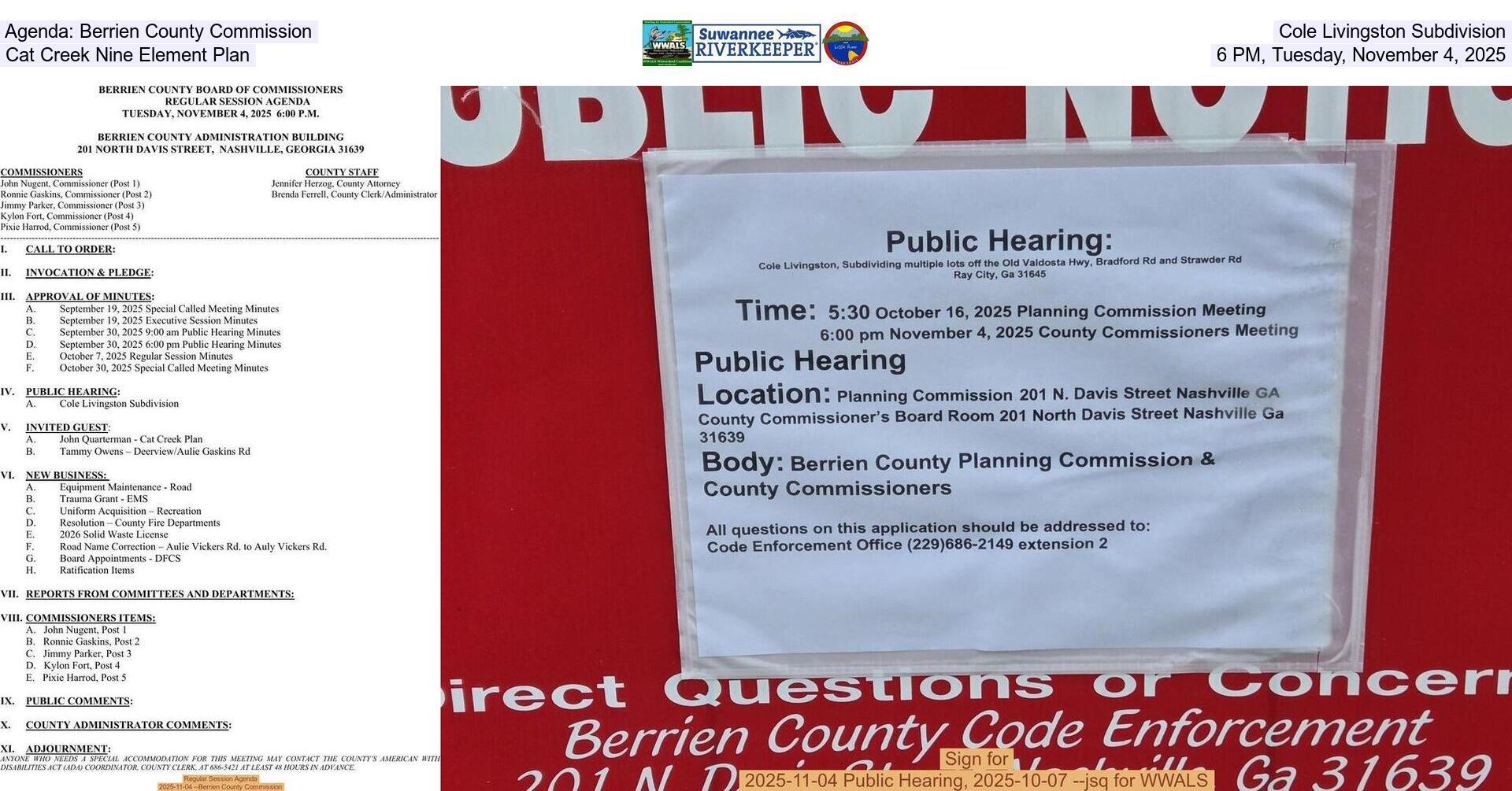 Agenda: Berrien County Commission, Cole Livingston Subdivision, Cat Creek Nine Element Plan, 6 PM, Tuesday, November 4, 2025