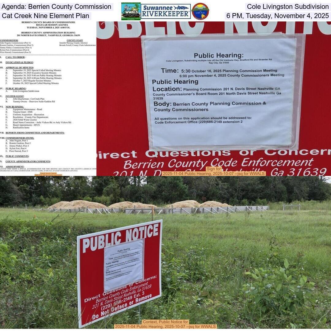 Agenda: Berrien County Commission, Cole Livingston Subdivision, Cat Creek Nine Element Plan, 6 PM, Tuesday, November 4, 2025