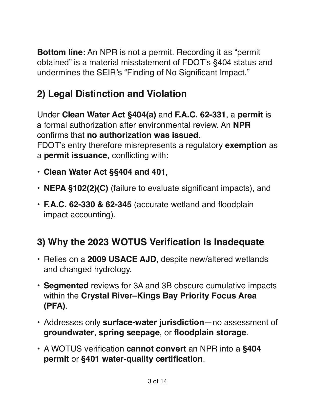 2) Legal Distinction and Violation 3) Why the 2023 WOTUS Veri cation Is Inadequate