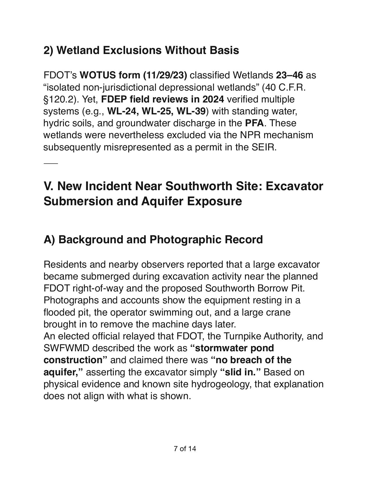 V. New Incident Near Southworth Site: Excavator Submersion and Aquifer Exposure