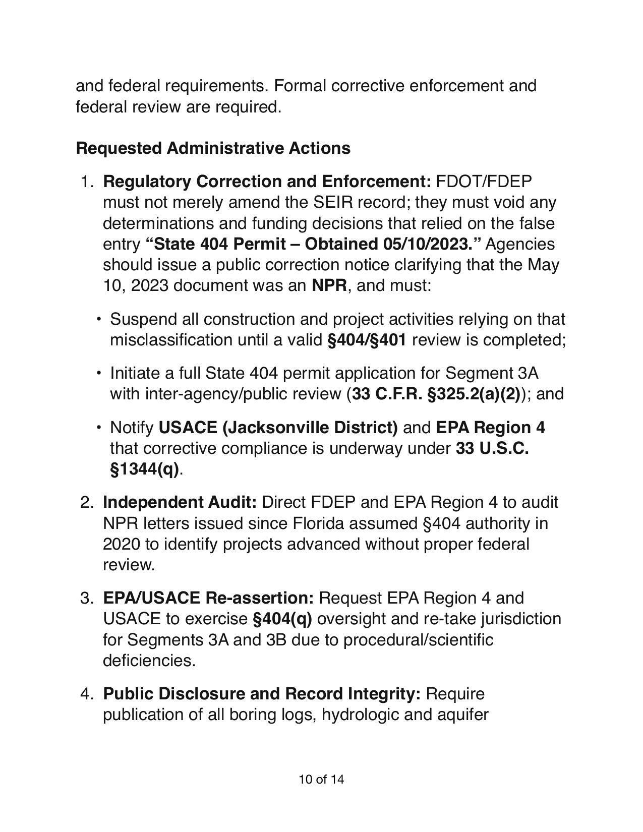 Requested Administrative Actions