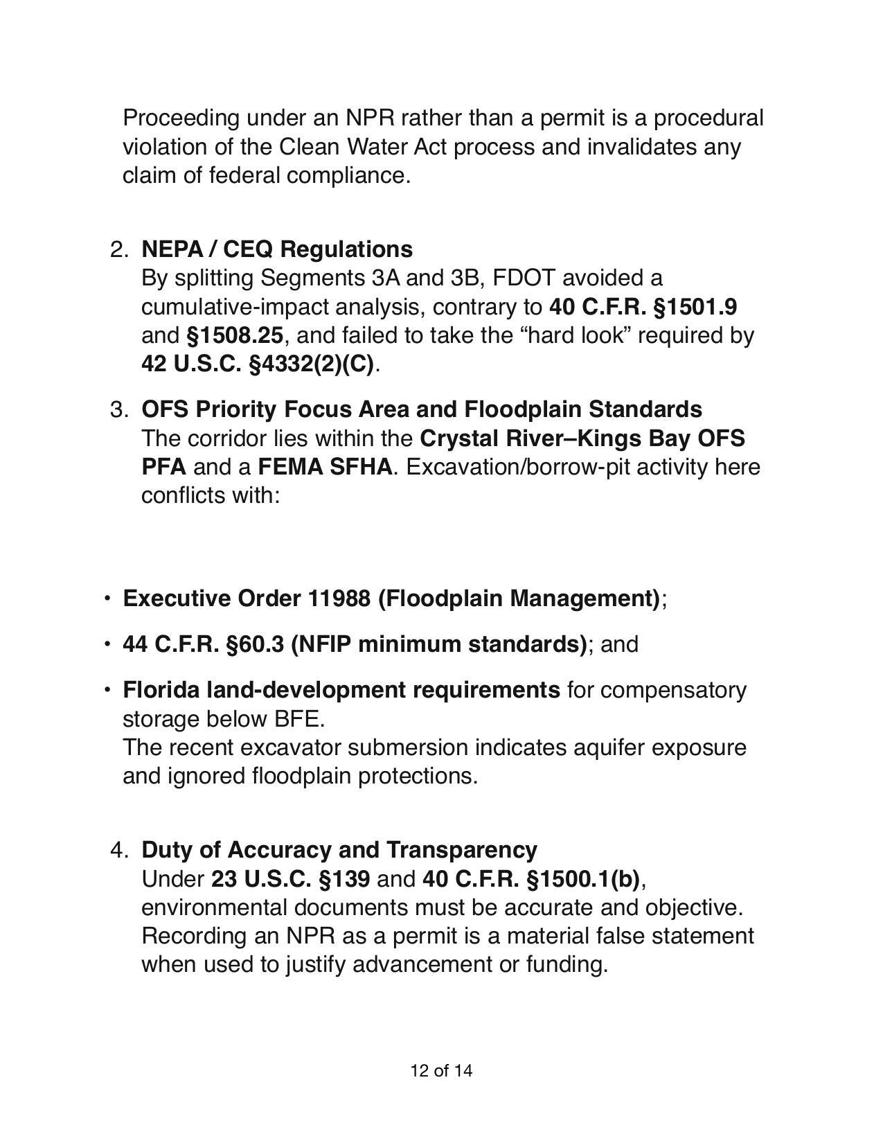 2. NEPA / CEQ Regulations 3. OFS Priority Focus Area and Floodplain Standards 4. Duty of Accuracy and Transparency