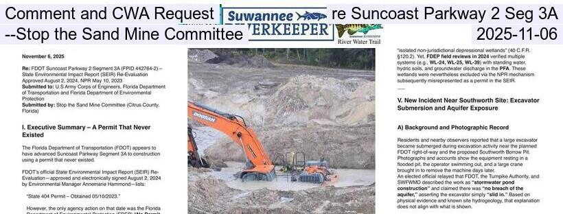 Comment and CWA Request, re Suncoast Parkway 2 Seg 3A --Stop the Sand Mine Committee, 2025-11-06