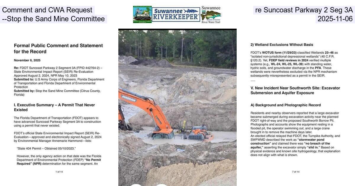[Comment and CWA Request, re Suncoast Parkway 2 Seg 3A --Stop the Sand Mine Committee, 2025-11-06]