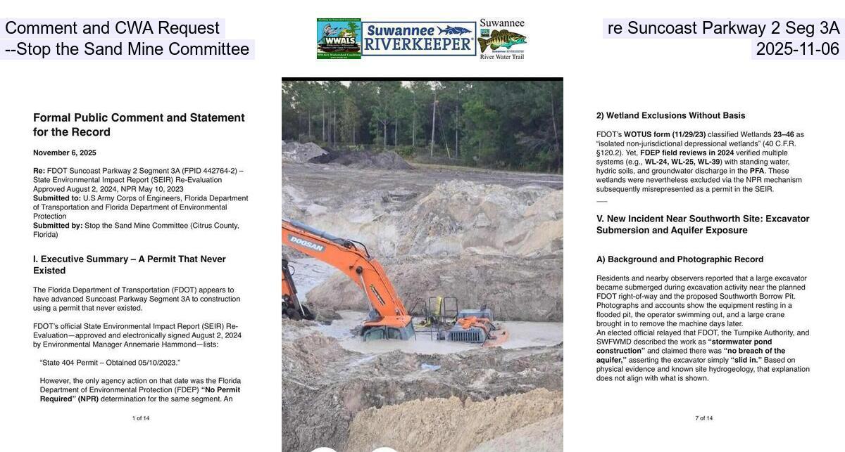 Comment and CWA Request, re Suncoast Parkway 2 Seg 3A --Stop the Sand Mine Committee, 2025-11-06