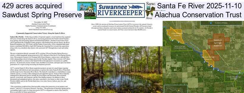 429 acres acquired, Santa Fe River 2025-11-10, Sawdust Spring Preserve, Alachua Conservation Trust
