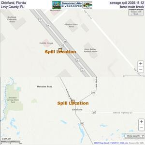 [Chiefland, Florida, sewage spill 2025-11-12, Levy County, FL, force main break]