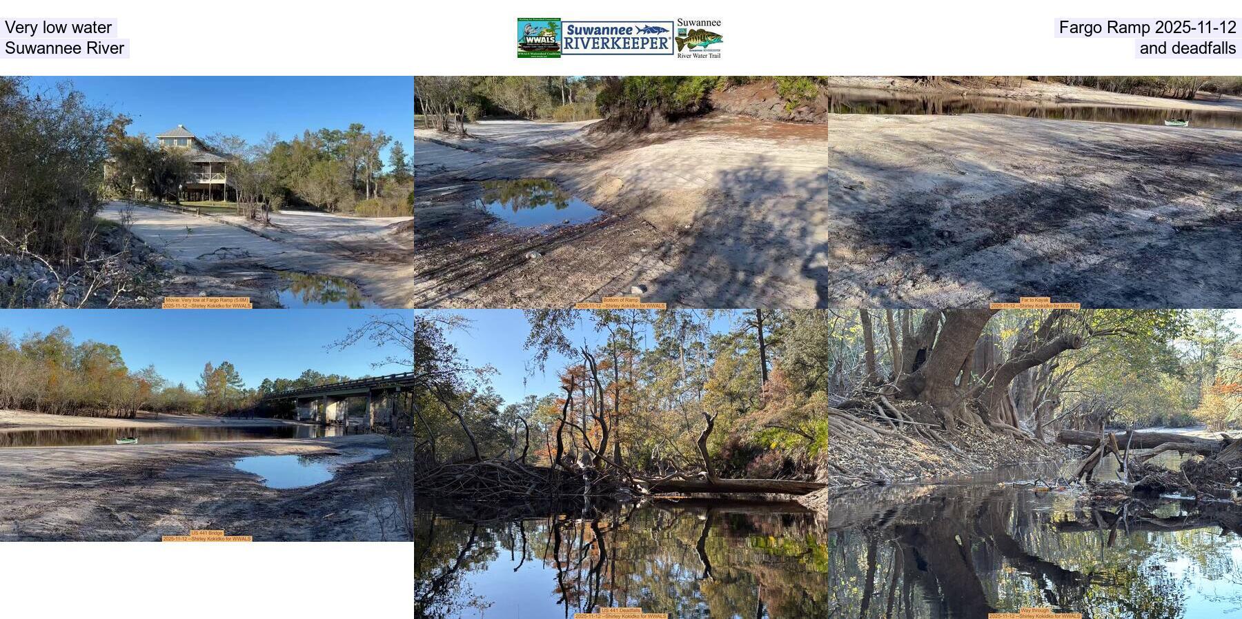 Very low water, Fargo Ramp 2025-11-12, Suwannee River, and deadfalls