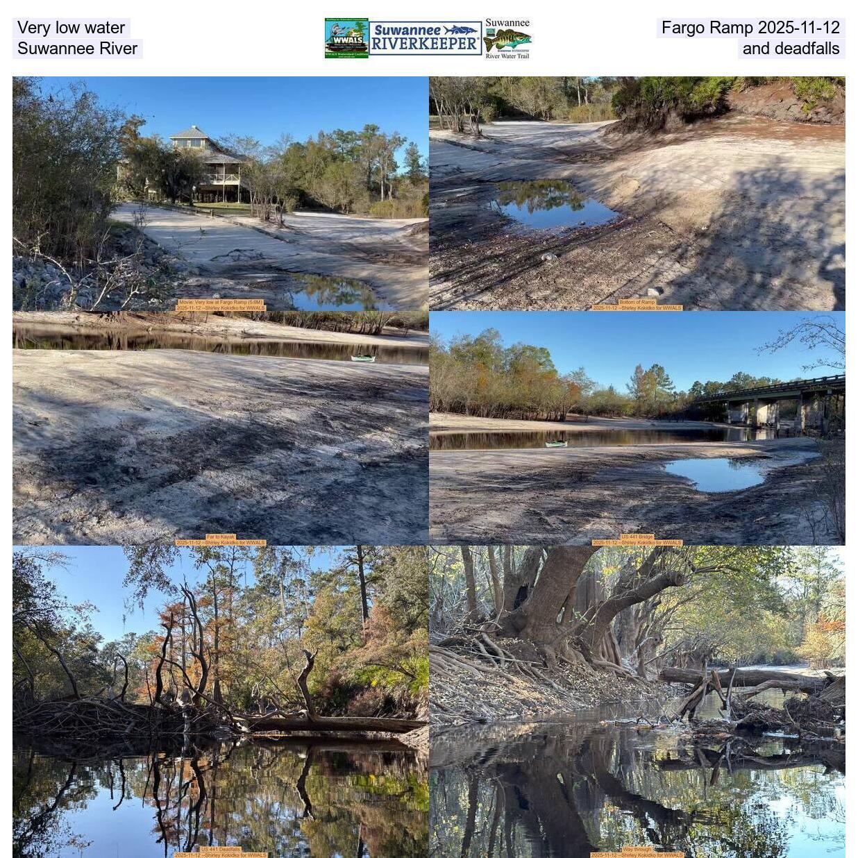 Very low water, Fargo Ramp 2025-11-12, Suwannee River, and deadfalls