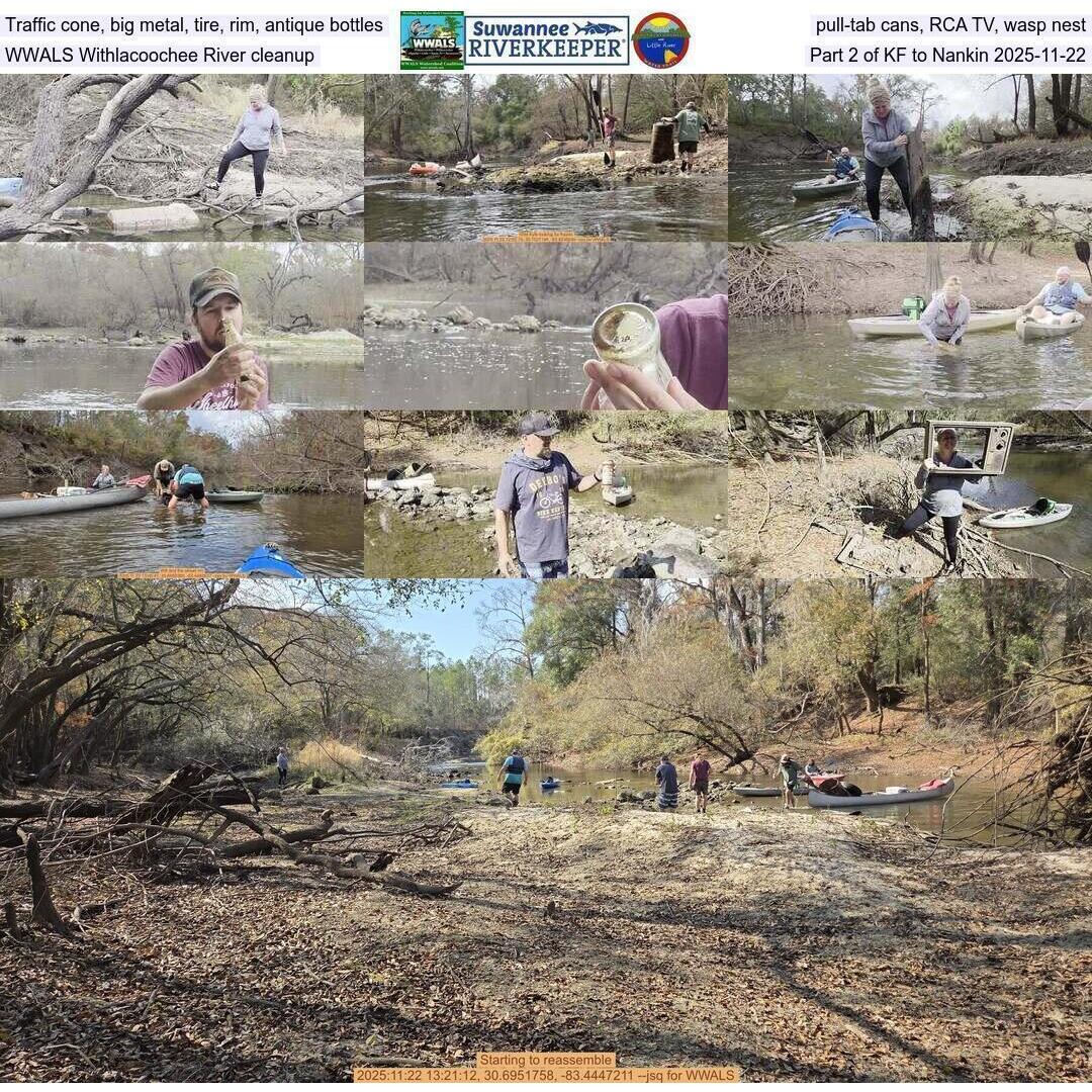 Traffic cone, big metal, tire, rim, antique bottles, pull-tab cans, RCA TV, wasp nest, WWALS Withlacoochee River cleanup, Part 2 of KF to Nankin 2025-11-22