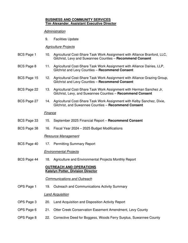 Agriculture, FInance, Resource Management, Environmental, Communications and Outreach, Land Acquisition