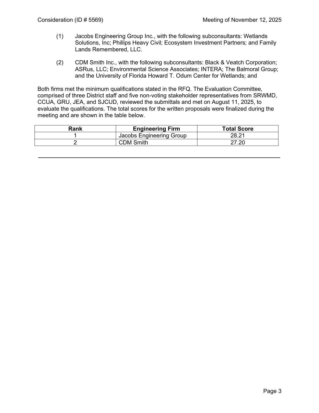 Ranking: Jacobs Engineering Group and CDM Smith, 2025-11-12 --SJRWMD