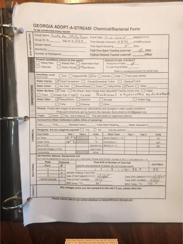 Mills Dock Results, Santa Fe River @ NW 282nd Dr 2025-11-12 --Bob Mills and Kurt Hurzeler for WWALS