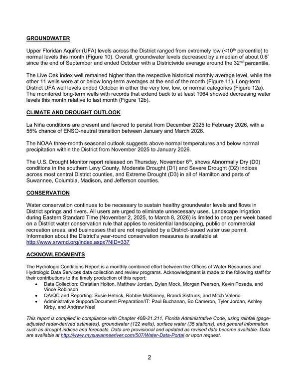 Page 02: Upper Floridan Aquifer (UFA) levels across the District ranged from extremely low (<10th percentile) to normal levels this month (Figure 10).