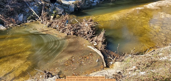 [Westbrook Circle sewer line, Sugar Creek, 2025:01:02 13:10:17, 30.8504847, -83.3143962 --jsq for WWALS]