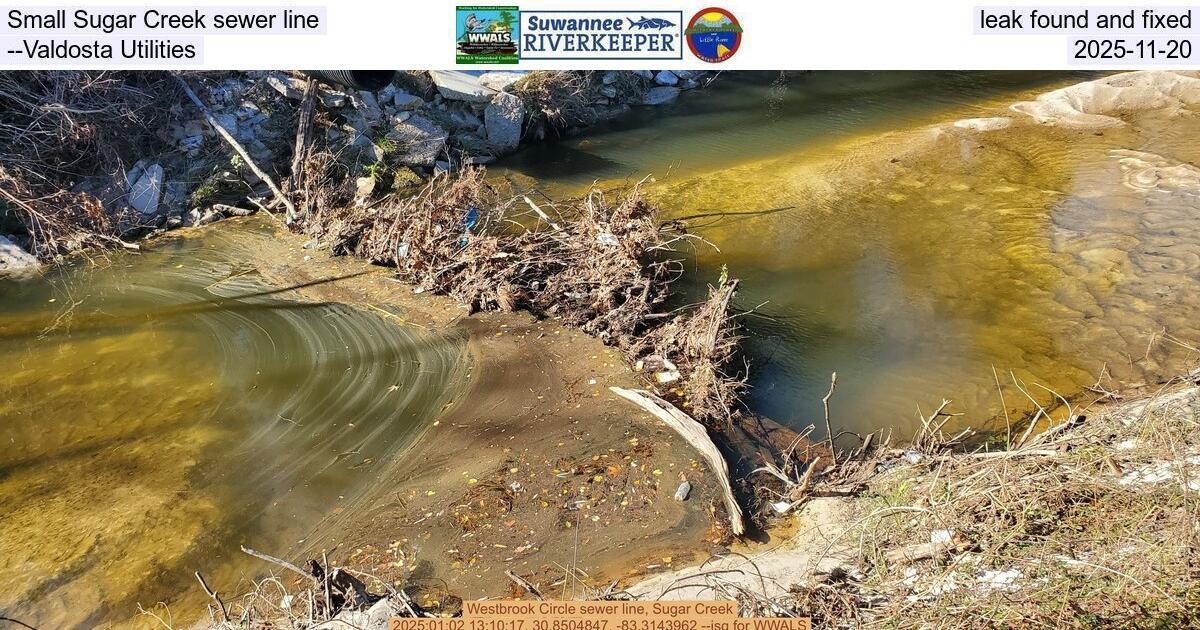 [Small Sugar Creek sewer line leak found and fixed --Valdosta Utilities, 2025-11-20]