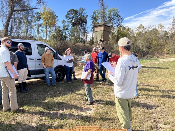 [Heather at a deer stand, 2025:11:21 11:41:18, 31.3893472, -83.2170556 --Gretchen Quarterman for WWALS]
