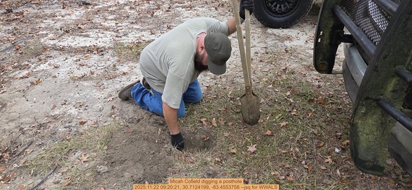 [Micah Cofield digging a posthole, 2025:11:22 09:20:21, 30.7124199, -83.4553758 --jsq for WWALS]