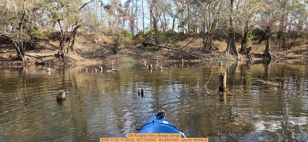 [Old Knights Ferry Bridge pilings, 2025:11:22 11:28:53, 30.7110332, -83.4547540 --jsq for WWALS]