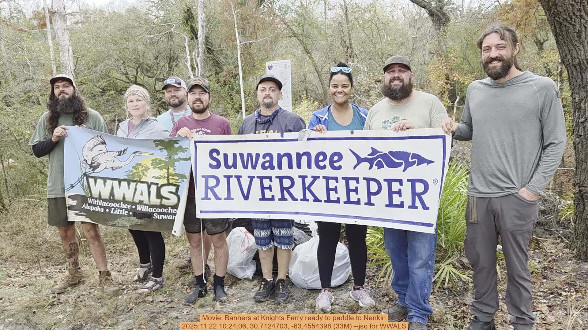 Movie: Banners at Knights Ferry ready to paddle to Nankin, 2025:11:22 10:24:06, 30.7124703, -83.4554398 (33M) --jsq for WWALS