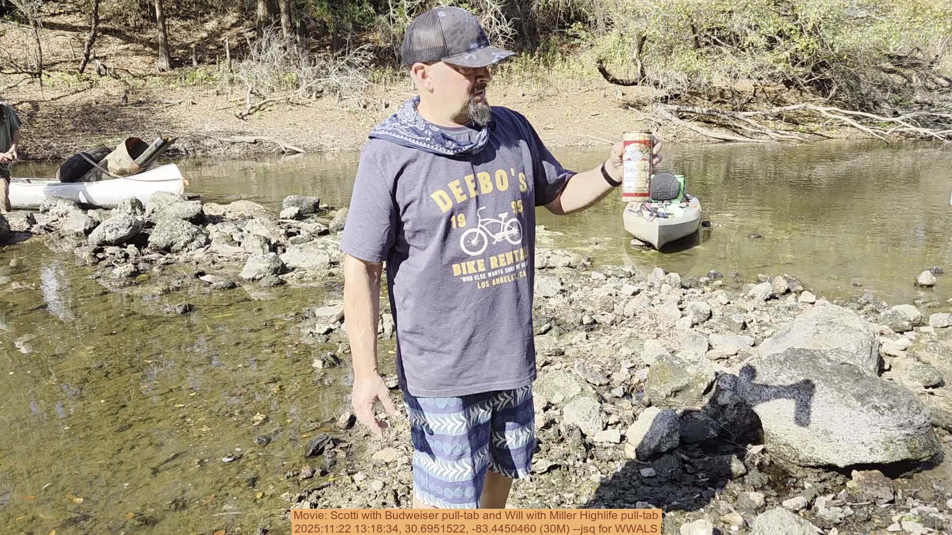 Movie: Scotti with Budweiser pull-tab and Will with Miller Highlife pull-tab, 2025:11:22 13:18:34, 30.6951522, -83.4450460 (30M) --jsq for WWALS