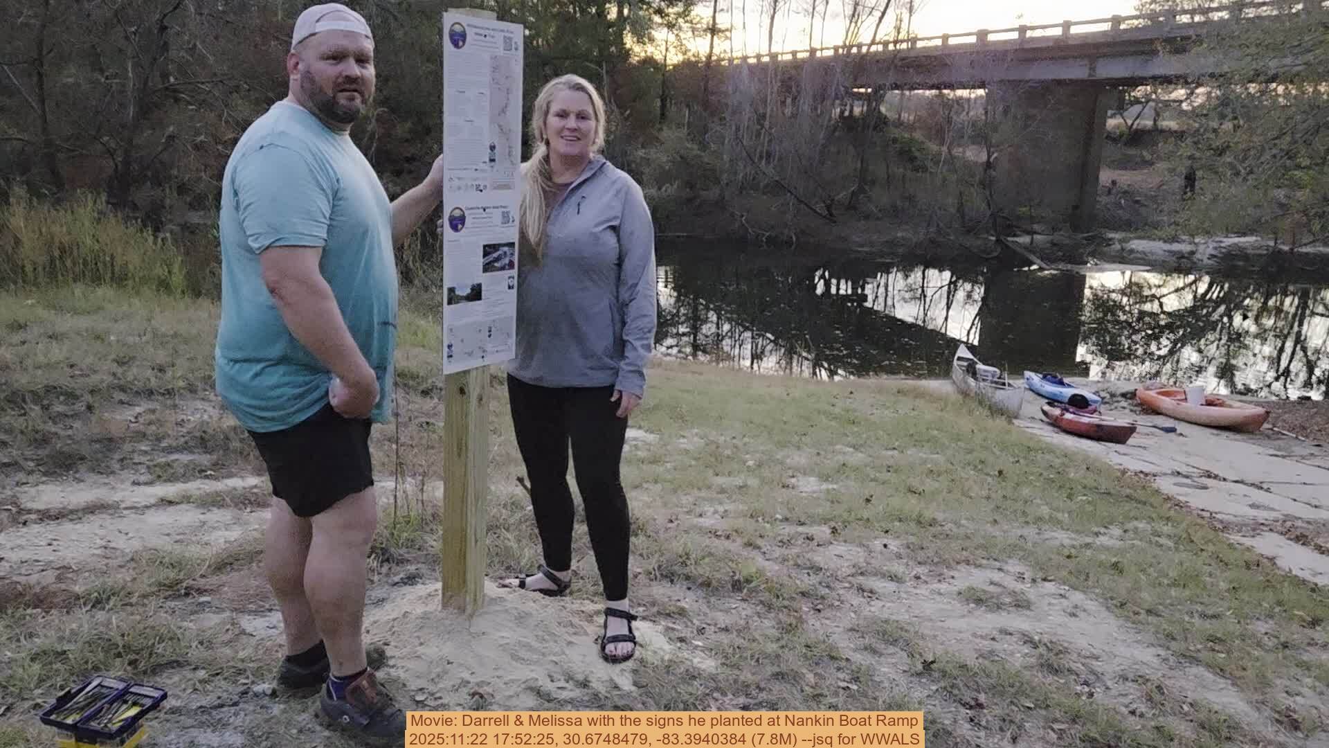 Movie: Darrell & Melissa with the signs he planted at Nankin Boat Ramp, 2025:11:22 17:52:25, 30.6748479, -83.3940384 (7.8M) --jsq for WWALS