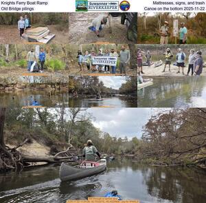 [Knights Ferry Boat Ramp, Mattresses, signs, and trash, Old Bridge pilings, Canoe on the bottom 2025-11-22]