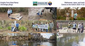 [Knights Ferry Boat Ramp, Mattresses, signs, and trash, Old Bridge pilings, Canoe on the bottom 2025-11-22]
