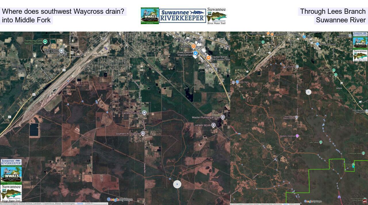 Where does southwest Waycross drain? Through Lees Branch, into Middle Fork, Suwannee River