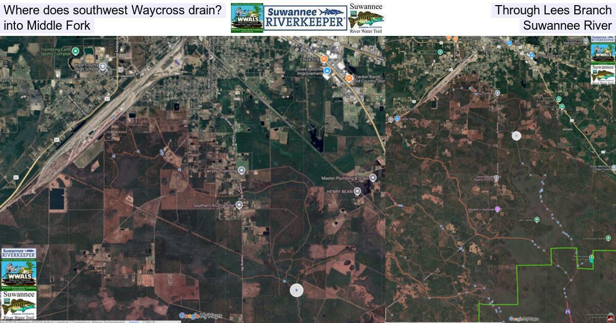 [Where does southwest Waycross drain? Through Lees Branch, into Middle Fork, Suwannee River]