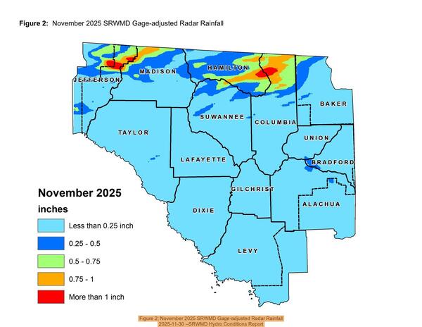 [Figure 2: November 2025 SRWMD Gage-adjusted Radar Rainfall, 2025-11-30 --SRWMD Hydro Conditions Report]