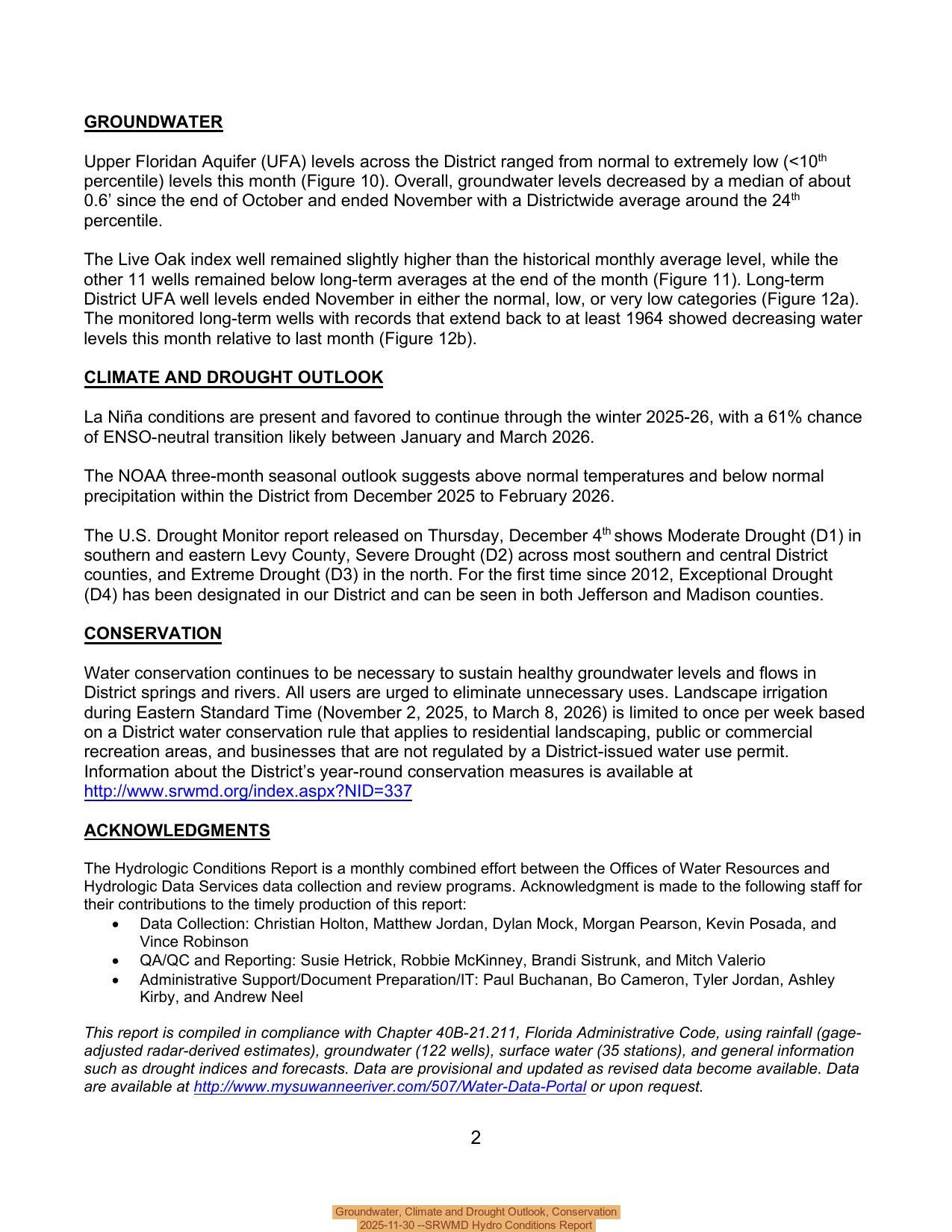 Groundwater, Climate and Drought Outlook, Conservation, 2025-11-30 --SRWMD Hydro Conditions Report