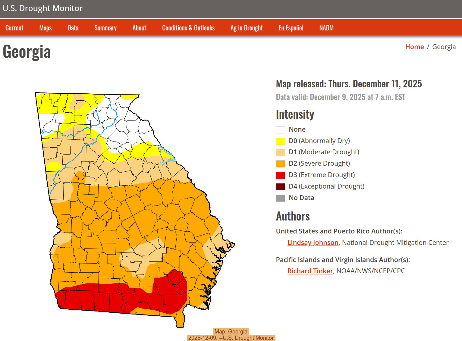 Map: Georgia, 2025-12-09, --U.S. Drought Monitor