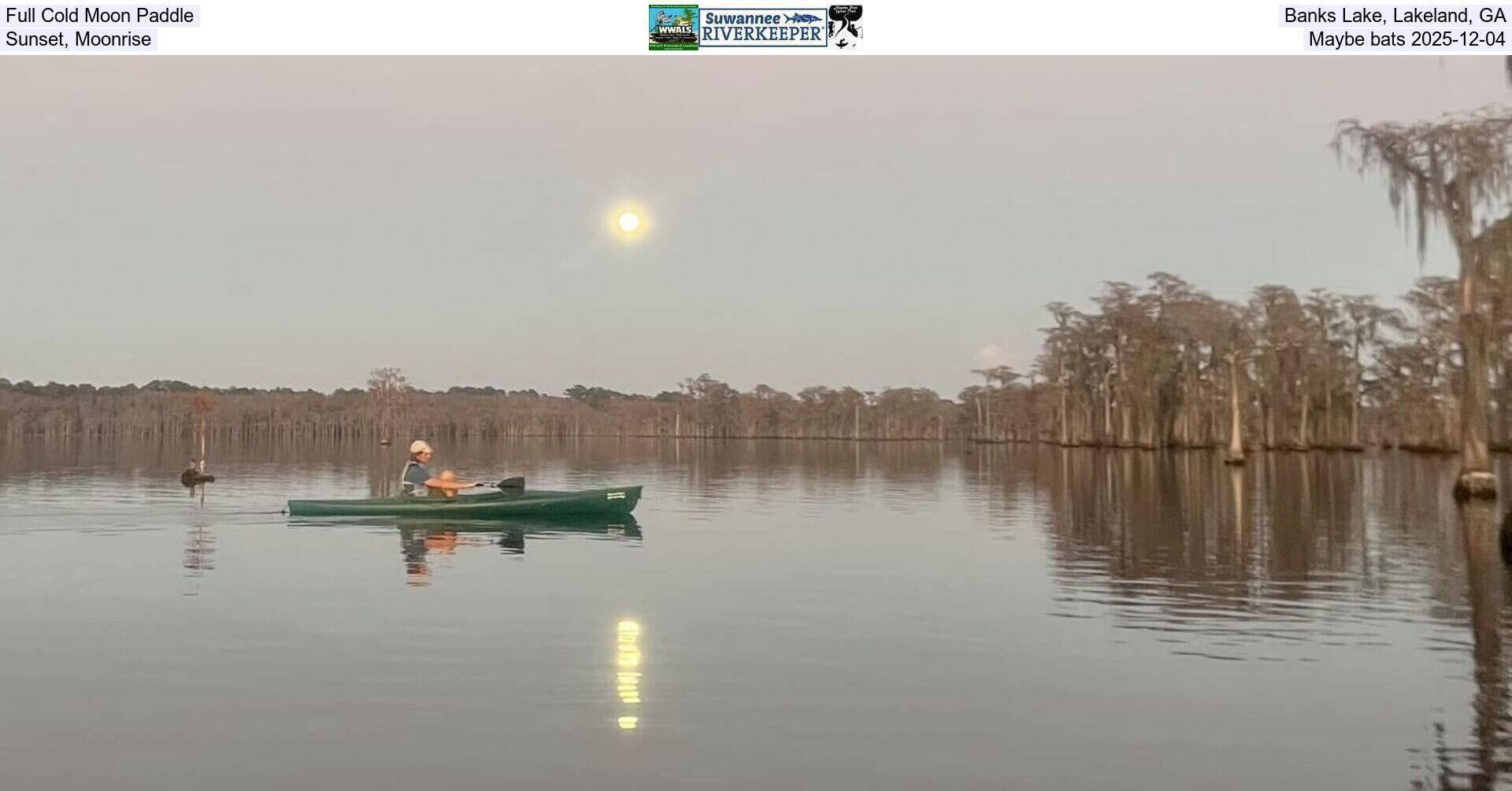 Full Cold Moon Paddle, Banks Lake, Lakeland, GA, Sunset, Moonrise, Maybe bats 2025-12-04
