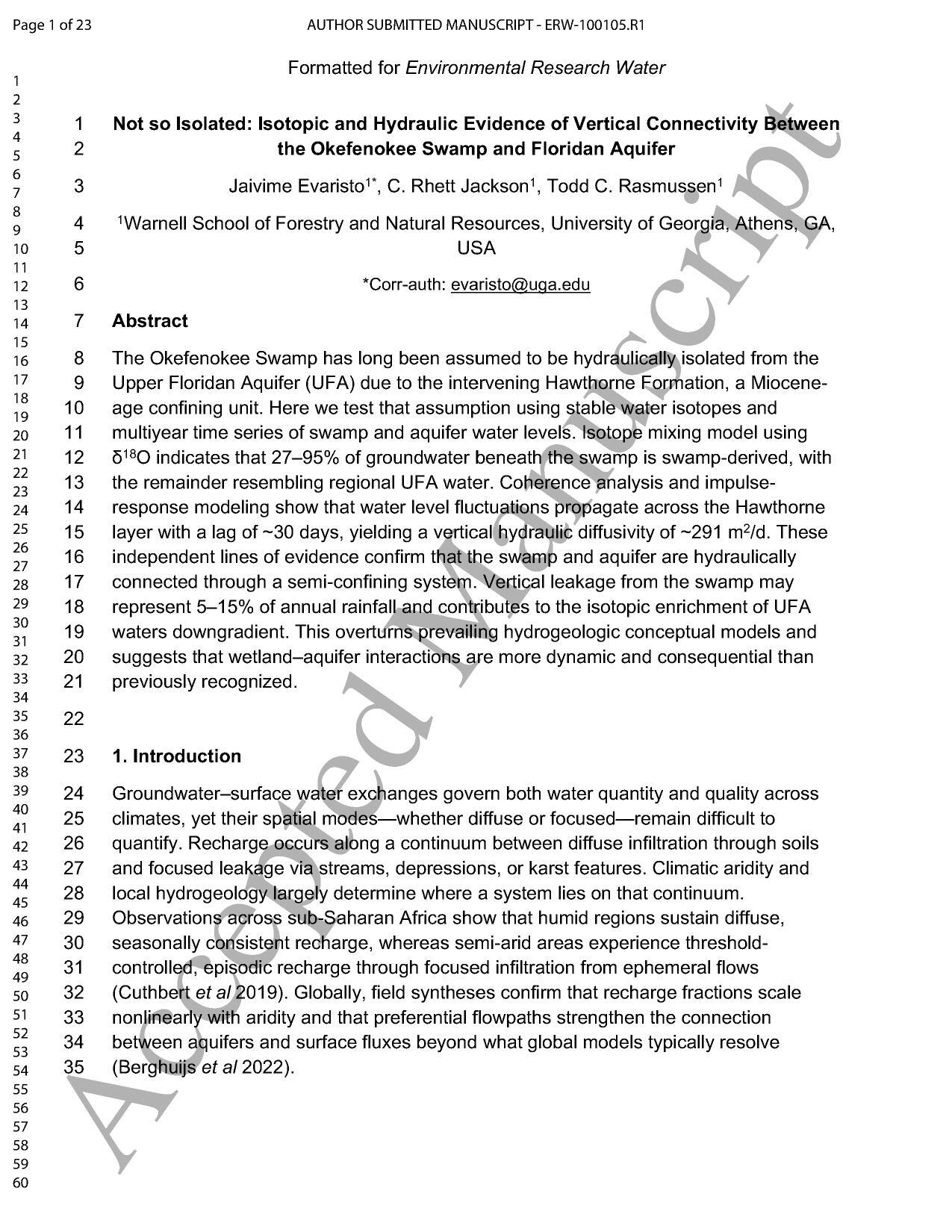 Not so Isolated: Isotopic and Hydraulic Evidence of Vertical Connectivity Between the Okefenokee Swamp and Floridan Aquifer, 2025-12-09, Jaivime Evaristo, C. Rhett Jackson, Todd C. Rasmussen