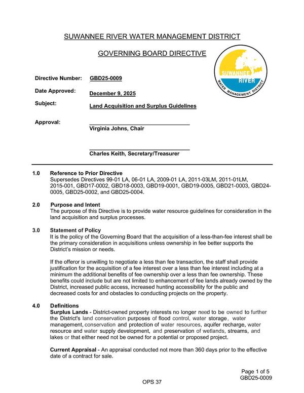 GOVERNING BOARD DIRECTIVE Land Acquisition and Surplus Guidelines December 9, 2025