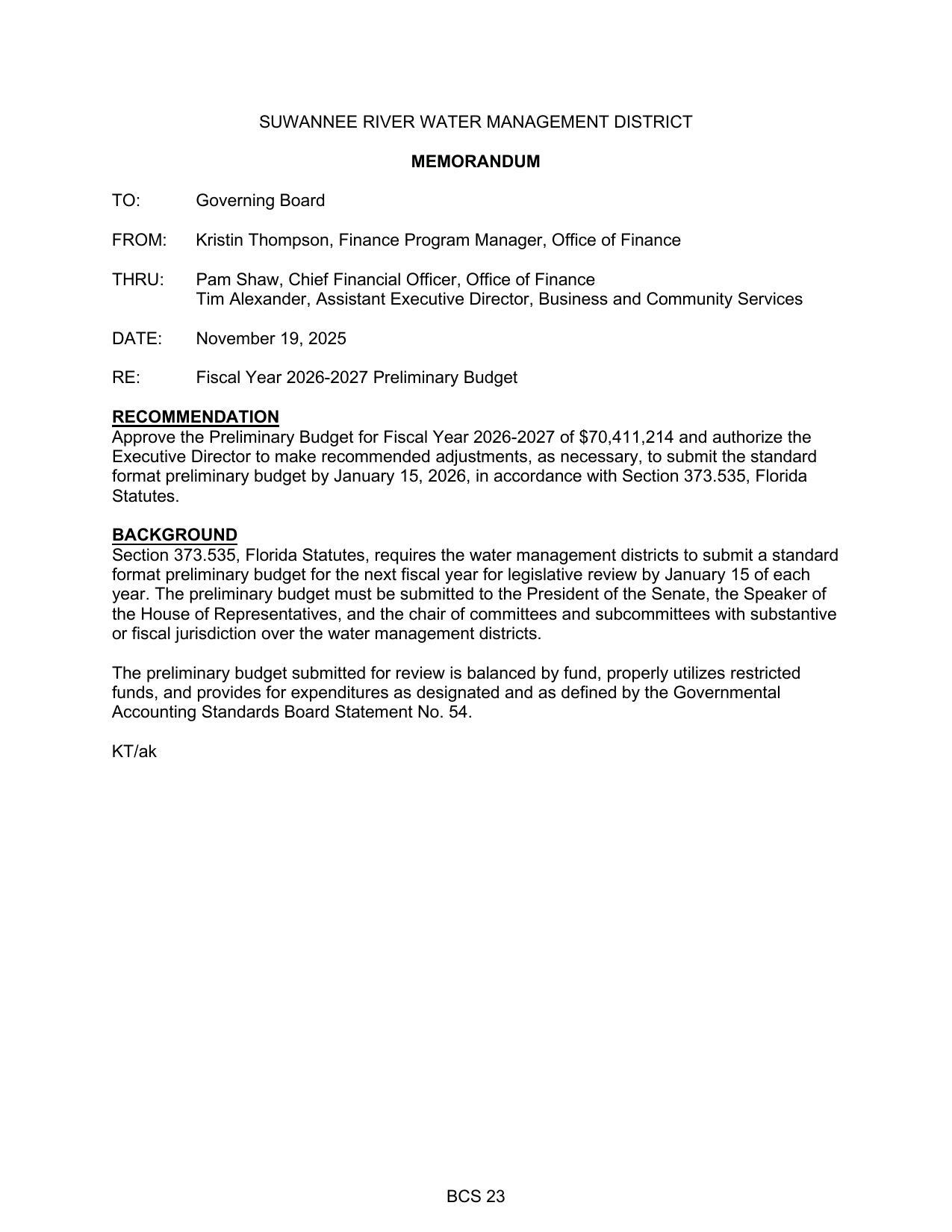 format preliminary budget by January 15, 2026, in accordance with Section 373.535, Florida