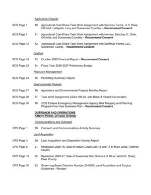 [Agriculture, Finance, Permitting, Env. Projects, Outreach, Land Acquisition]