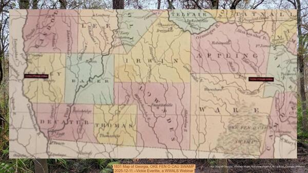 [1831 Map of Georgia, OKE FEN O CAU SWAMP, 2025-12-11 --Vickie Everitte, a WWALS Webinar]