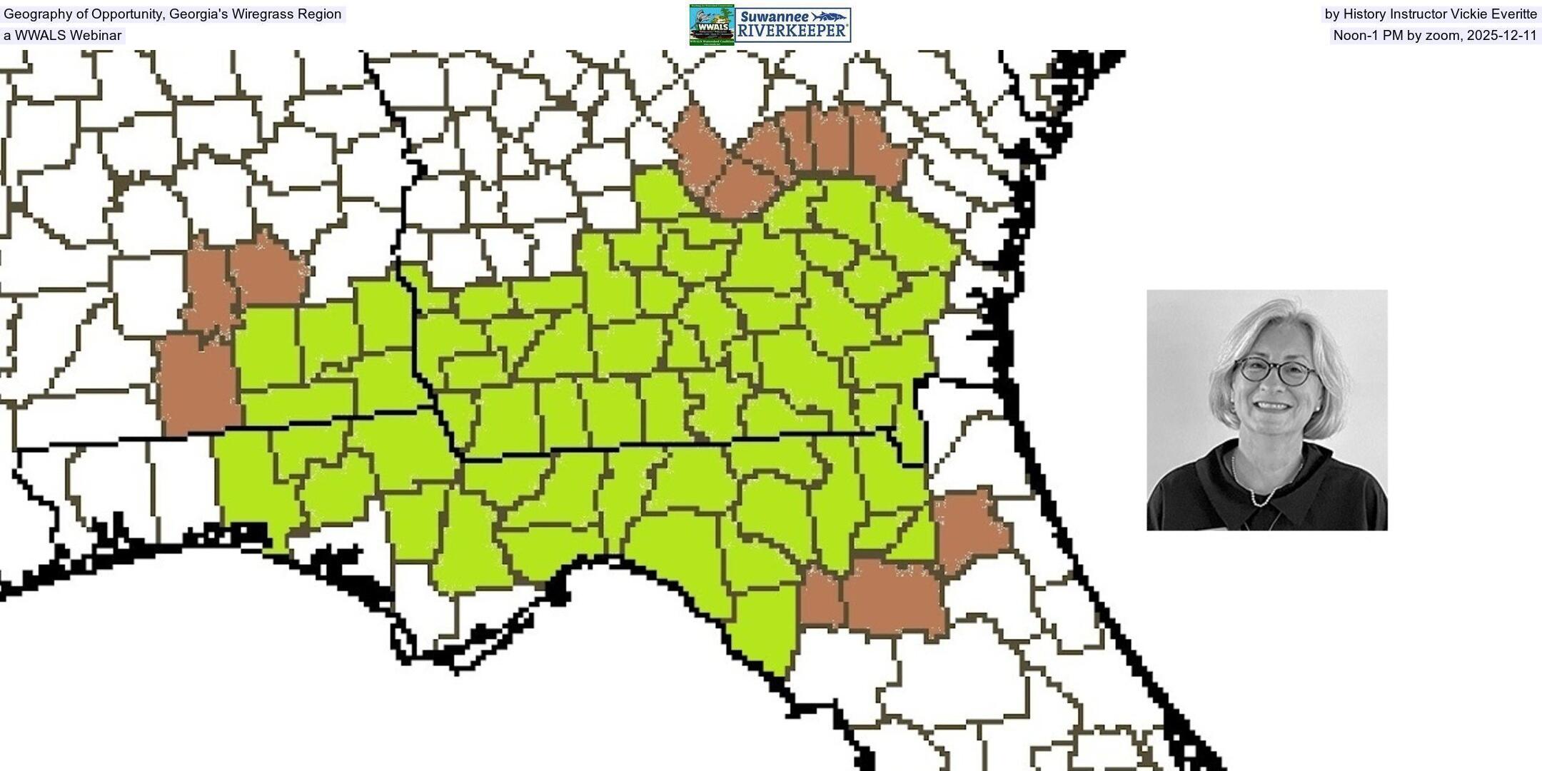 Geography of Opportunity in Georgia's Wiregrass Region, by History Instructor Vickie Everitte, a WWALS Webinar, Noon-1 PM by zoom, 2025-12-11
