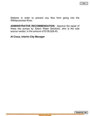 [ADMINISTRATIVE RECOMMENDATION: Approve the repair of these two pumps by Xylem Water Solutions, who is the sole source vendor, in the amount of $138,526.40., 2025-12-11 --VCC Packet]