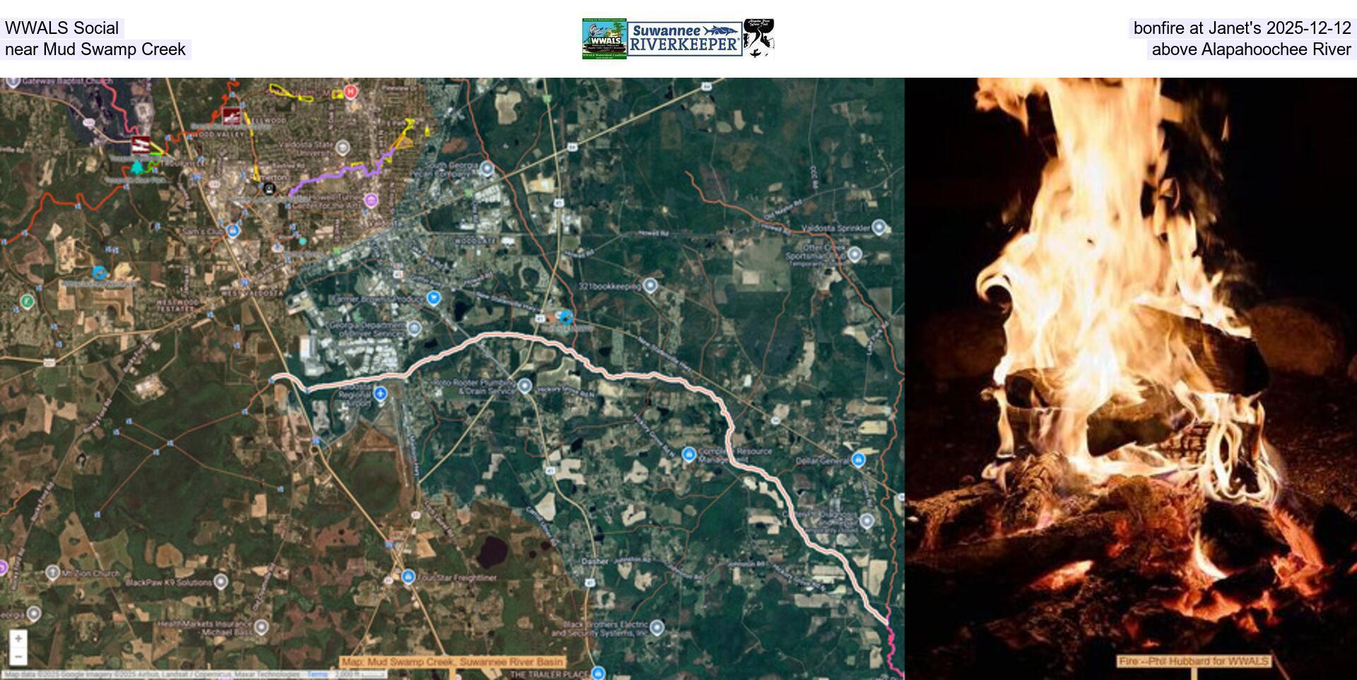 [WWALS Social, bonfire at Janet's 2025-12-12, near Mud Swamp Creek, above Alapahoochee River]